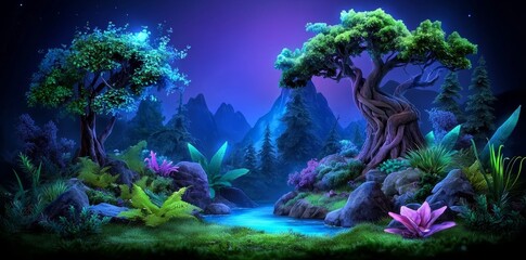 Enchanted forest with magical creatures, glowing plants, ancient trees, hidden fairy village, mystical ambiance.