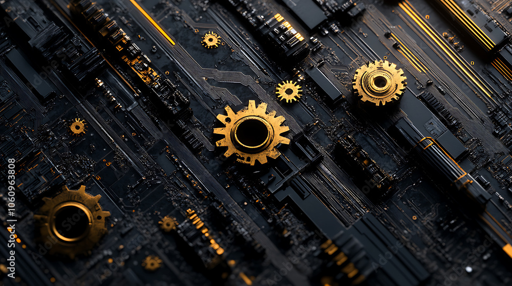 Poster Abstract blue digital technology background with gears and cogs, dark color palette