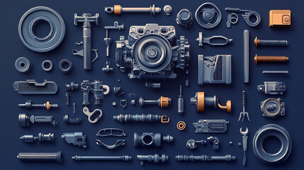 Fototapeta premium Car Parts Technical Drawing, automobile car machine engine 3D vector, car service elements isolated on dark blue background