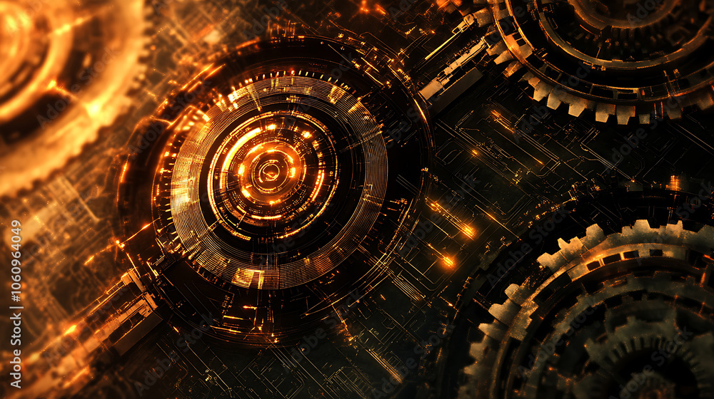 Poster abstract blue digital technology background with gears and cogs, dark color palette