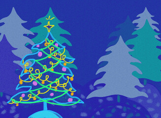 Background with light blue pine trees in a forest Christmas tree decorated with vivid garlands, toys in woodland. Happy New Year festive greeting card