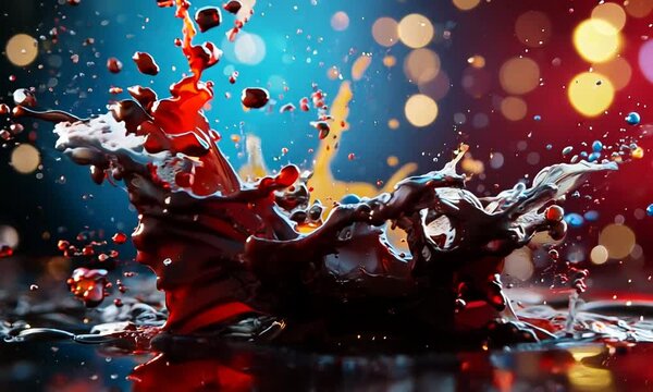 A dynamic splash of chocolate and yellow liquid against a colorful background.