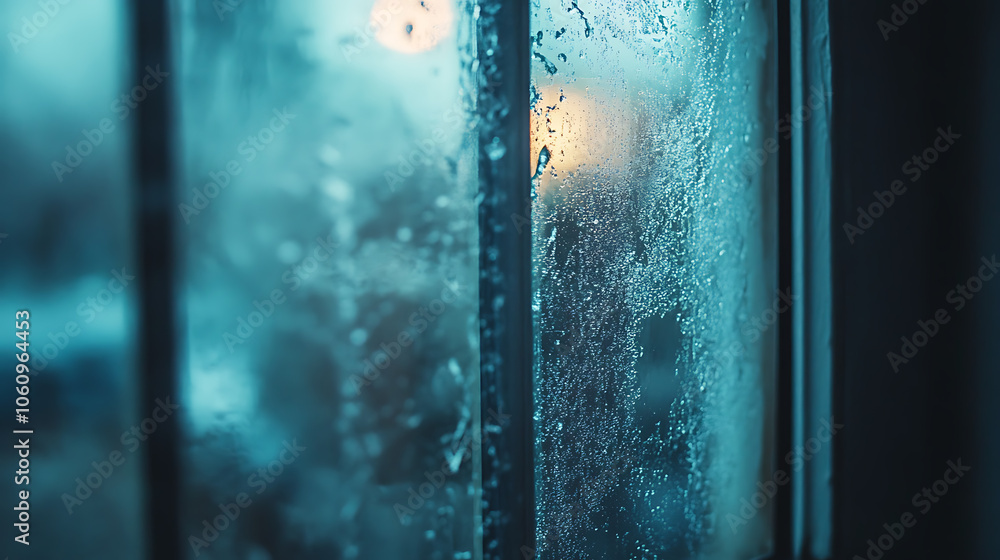 Aufkleber close, up of double, glazed window condensation caused by excessive moisture in the house in winter 