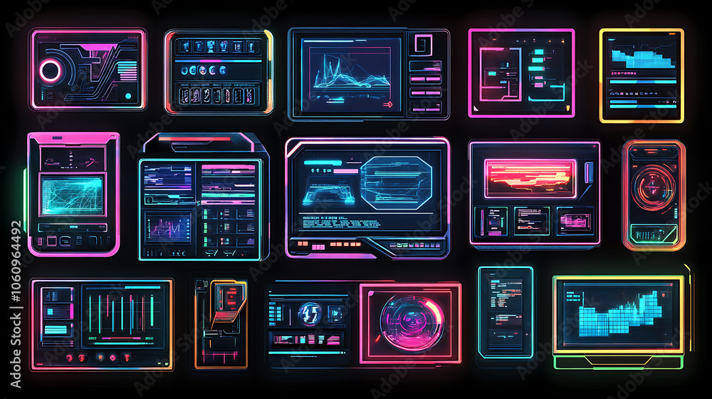 Poster A collection of HUD frames, encapsulating futuristic modern user interface elements, control panels, high, tech screen digital hologram windows, gaming menus, and more