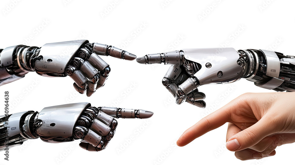 Poster human hand and robot hand reaching toward each other in connection generative ai