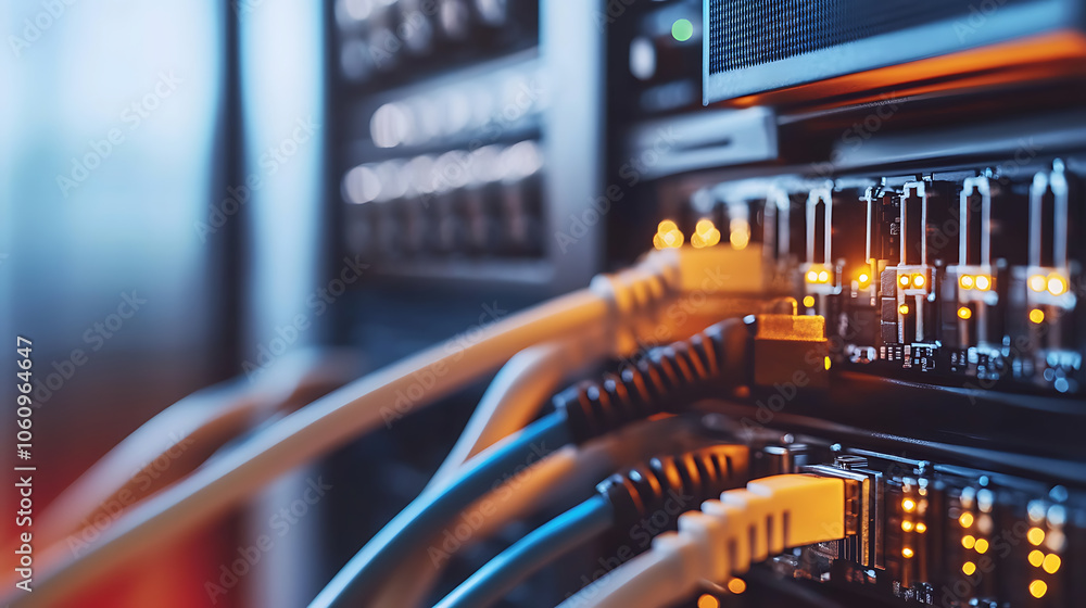 Poster close, up of network cables with a fiber optical background, highlighting the critical infrastructur