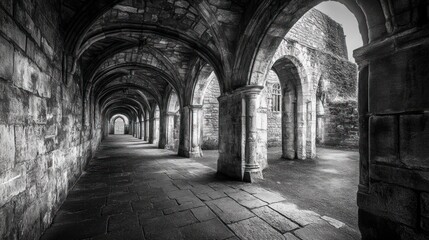 Obraz premium A long, stone archway in a cathedral, bathed in sunlight.
