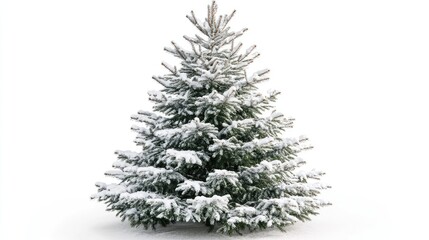 Festive Christmas tree with snowy branches on a white background, creating a seasonal holiday mood.