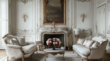 French country-inspired living room with two accent chairs and a sofa near a chic fireplace, on white.