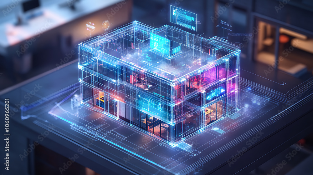 Poster a digital blueprint of an office building with holographic elements, showcasing the innovative techn