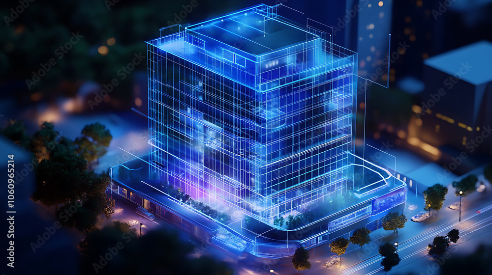 Leinwandbilder a digital blueprint of an office building with holographic elements, showcasing the innovative techn