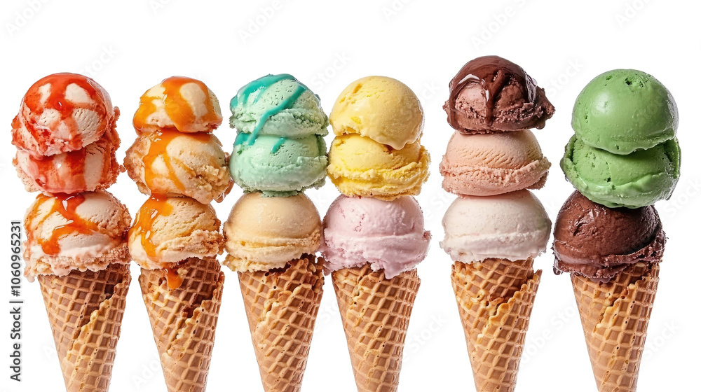 Aufkleber assorted triple scoop ice cream cones on a transparent background generative ai