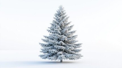 Frozen Christmas tree with delicate frost on branches, set against a clean white background.