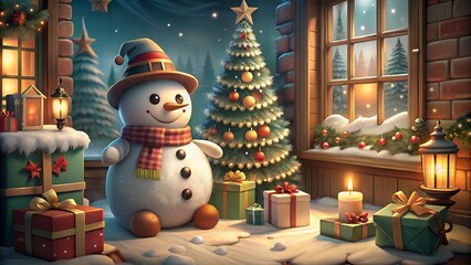 Cheerful Snowman with Gifts and Christmas Tree in Winter Wonderland