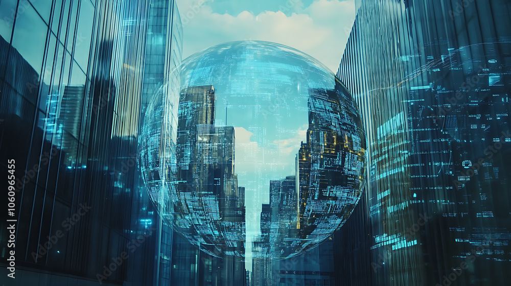 Leinwandbilder A double exposure of the globe and glass building in an urban setting, symbolizing global business background filled with digital data visualizations representing advanced cyber security
