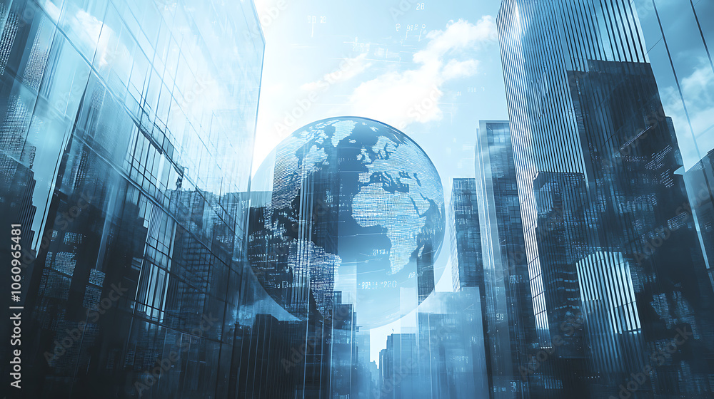 Poster A double exposure of the globe and glass building in an urban setting, symbolizing global business background filled with digital data visualizations representing advanced cyber security