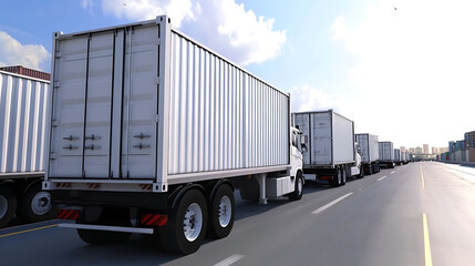 Convoy of white trucks with containers on the highway, cargo transportation concept in spring, shipping service