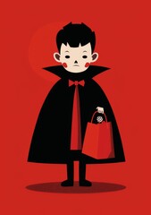 A young boy dressed as a vampire is holding a red bag. The image has a creepy and eerie mood, with the boy's costume and the red background