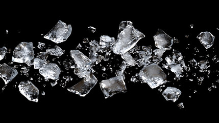 Crushed ice scattered across a dark background, depicting the motion of ice pieces dispersing
