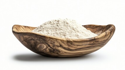 Fototapeta premium Heap of flour in a rustic wooden bowl, isolated on white, capturing the essence of natural ingredients.