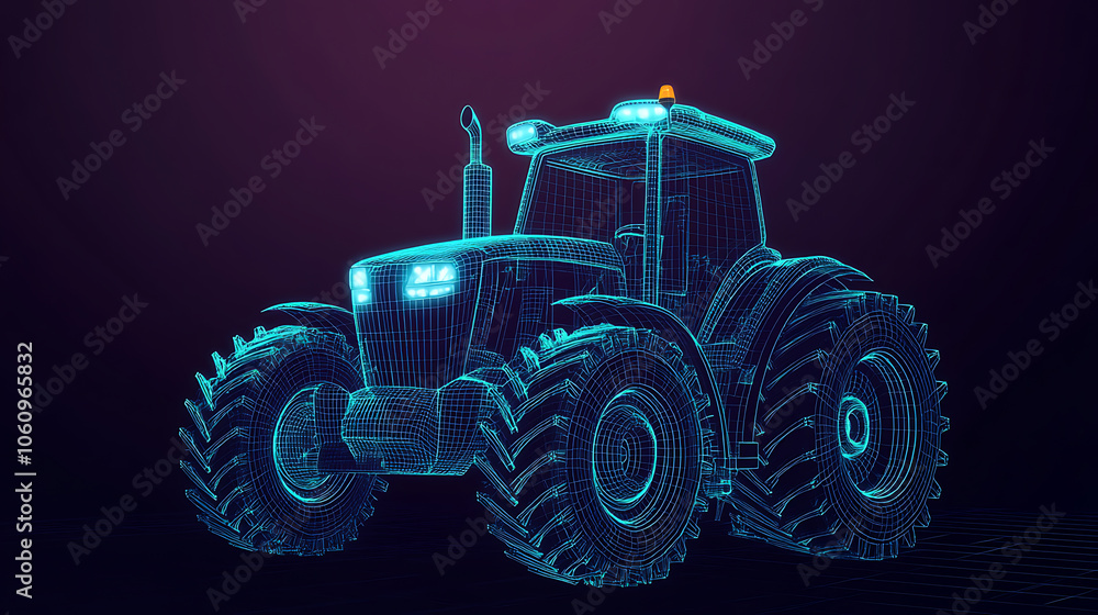 Aufkleber A farm tractor concept in 3D vector illustration is presented in a wireframe style, separating visible and invisible lines to highlight technology in agriculture