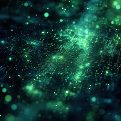 Obraz premium Futuristic technology landscape with glowing green and blue elements. Generative AI