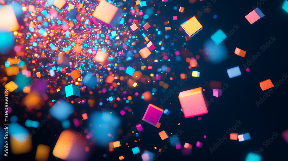 Leinwandbilder Digital art of glowing neon data points and pixelated code blocks floating in the air, representing digital innovation for virtual events and future technology use cases visualizations