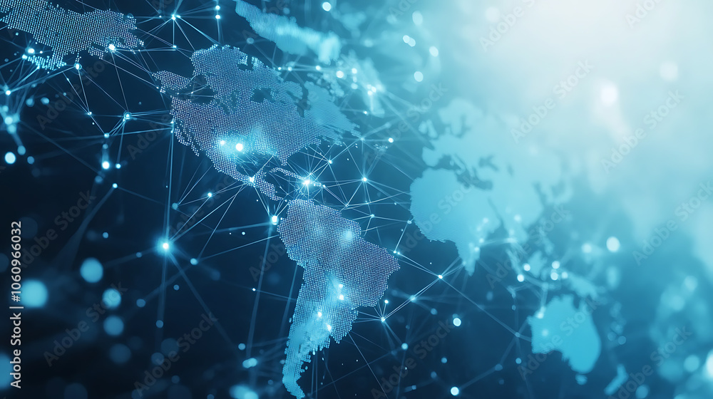 Aufkleber A light blue background with a digital world map and global network connections, representing the concept of international business or connectivity