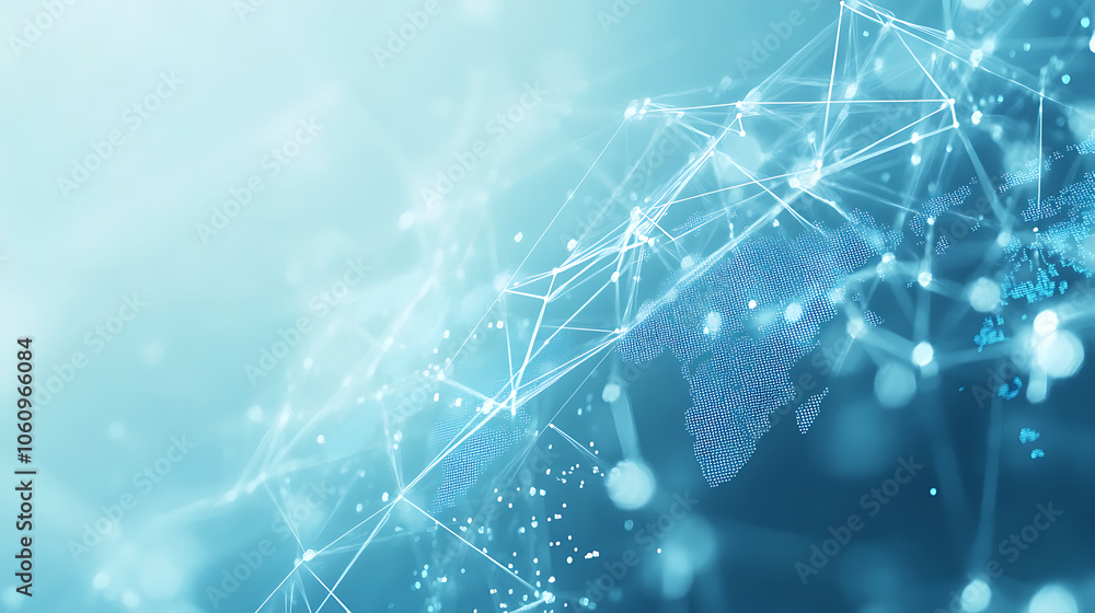 Aufkleber a light blue background with a digital world map and global network connections, representing the co