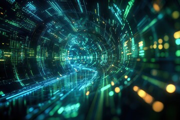 Fototapeta premium Futuristic digital tunnel filled with vibrant green and blue technology lights. Generative AI