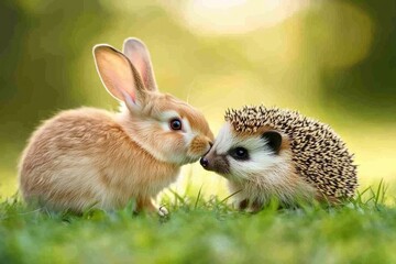 Obraz premium A playful pet rabbit affectionately leans against a hedgehog in a sunlit grassy meadow