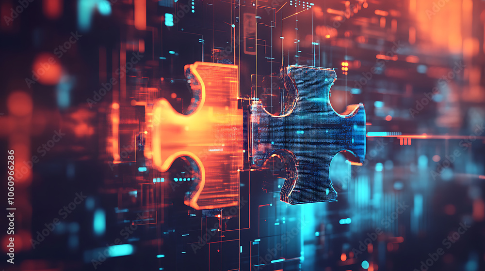 Poster Digital representation of API integration concept with interlocking puzzle pieces against a futuristic tech, inspired abstract background, symbolizing connectivity and interoperability