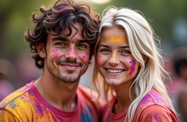 Obraz premium Happy Boy and Girl Smiling with Faces in Holi Paint - Celebration, Fun, Colorful Paints, Festive Occasion