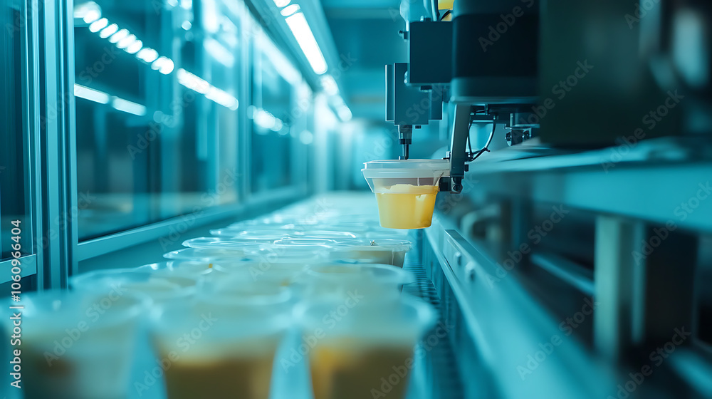 Poster an automated industrial machine for plastic packaging is shown under a light effect, focusing on the