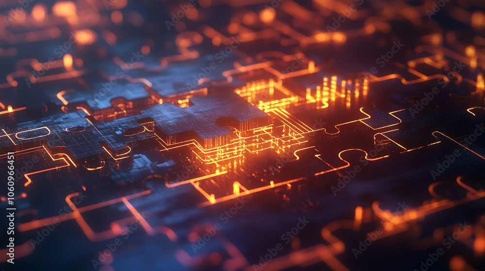 Poster Digital representation of API integration concept with interlocking puzzle pieces against a futuristic tech, inspired abstract background, symbolizing connectivity and interoperability