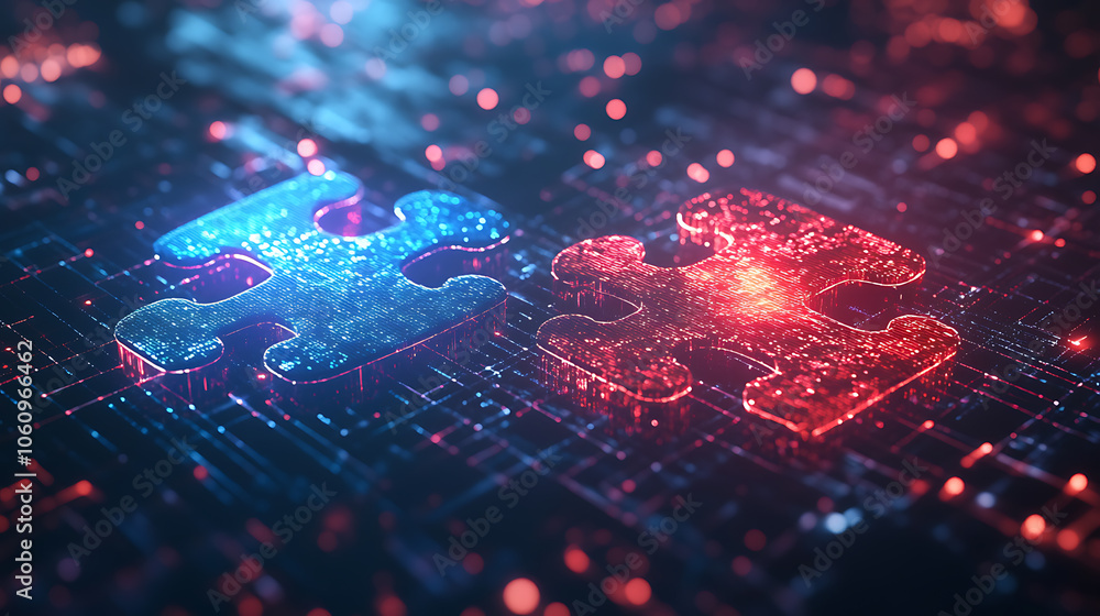 Poster Digital representation of API integration concept with interlocking puzzle pieces against a futuristic tech, inspired abstract background, symbolizing connectivity and interoperability