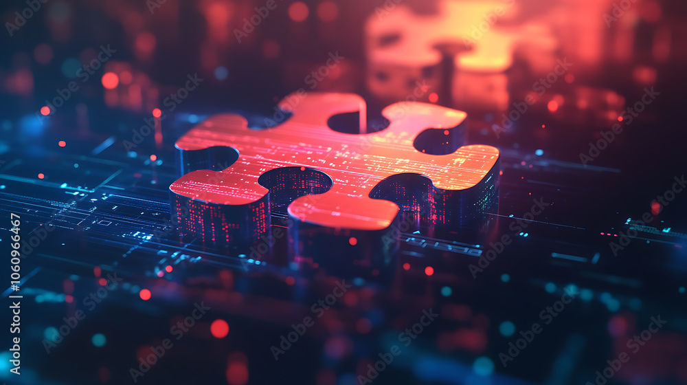 Poster Digital representation of API integration concept with interlocking puzzle pieces against a futuristic tech, inspired abstract background, symbolizing connectivity and interoperability