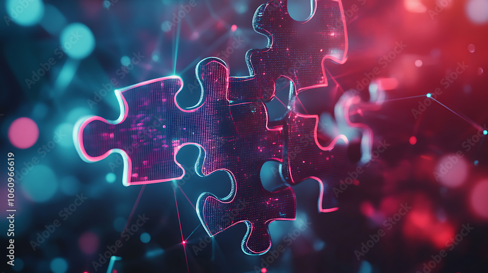 Poster Digital representation of API integration concept with interlocking puzzle pieces against a futuristic tech, inspired abstract background, symbolizing connectivity and interoperability