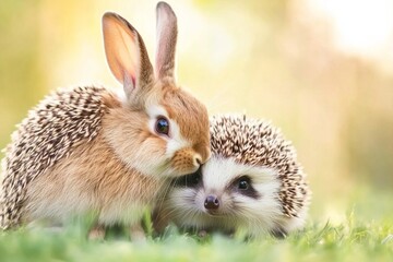 Obraz premium A pet rabbit and a hedgehog cuddle in a sunny meadow with soft grass and a dreamy background