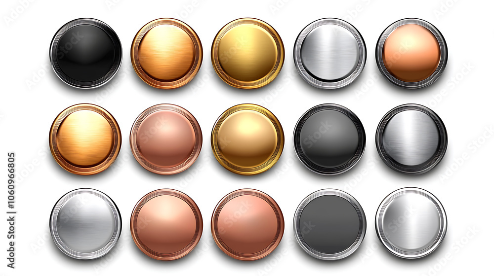 Poster a set of metal chrome circle buttons is presented in vector format, featuring metallic rose gold, br
