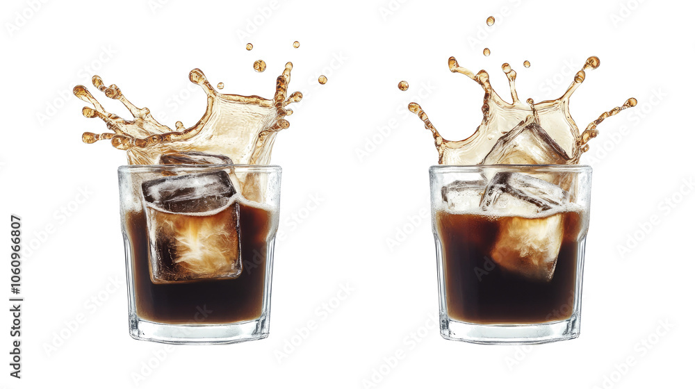 Aufkleber iced coffee splashes high above two glasses with ice cubes on display generative ai