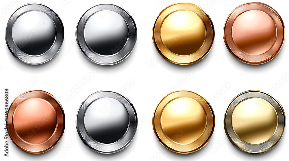 Poster a set of metal chrome circle buttons is presented in vector format, featuring metallic rose gold, br