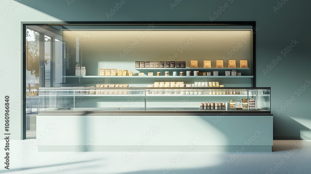Aufkleber a shop's side view features an empty glass showcase, set for advertisement or retail displays, in a 