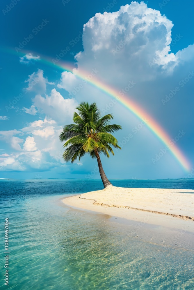 Poster a palm tree is on a beach with a rainbow in the sky. the scene is serene and peaceful, with the palm