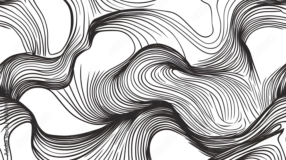 Poster dynamic black and white doodle pattern, bold curved lines and swirls, seamless vector design