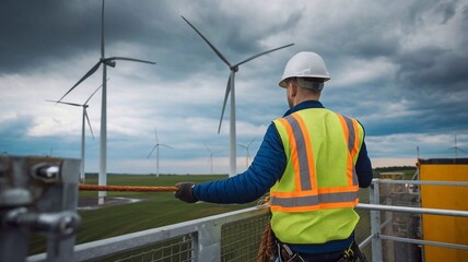 Fototapeta premium A construction worker in a hard hat and safety vest stands overlooking a field of wind turbines.