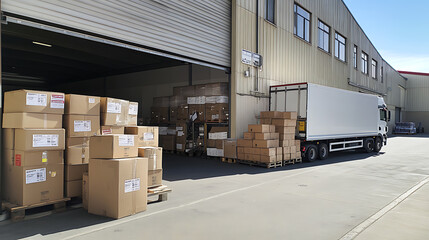 Efficient delivery process with boxes being packed and loaded onto a large truck outside the warehouse