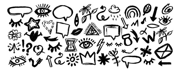 Set of various elements drawn with charcoal pencil, eyes, leaves, arrows, crown, clouds, rainbow.  Abstract arrows, ribbons, crowns, hearts, eyes and other elements in hand drawn 