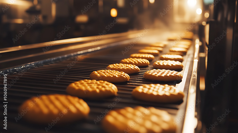 Poster automated production line with conveyor belt making cookies in bakery or confectionery factory