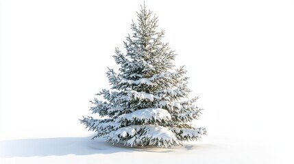 Fototapeta premium Snow-covered Christmas tree with delicate branches, set against a pure white background, evoking winter wonder.